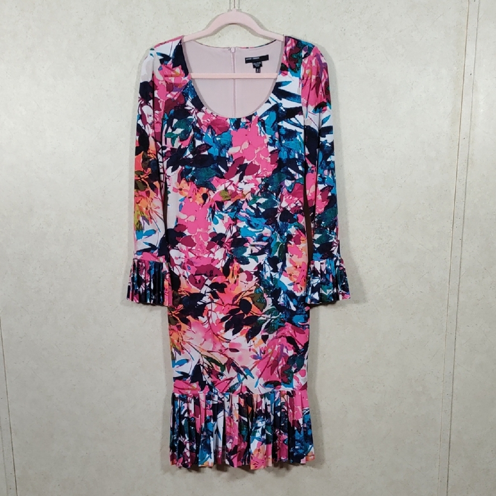 H143 Maggy London abstract floral pleated sleeve and hem knit dress 4